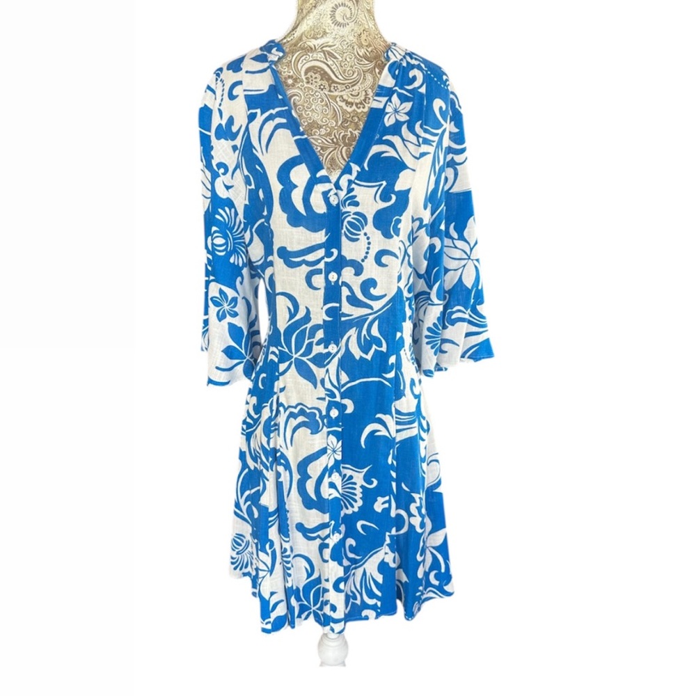 Zara Line Blend Floral Blue White Shirt Dress Vacation Summer Bohemian Size XL